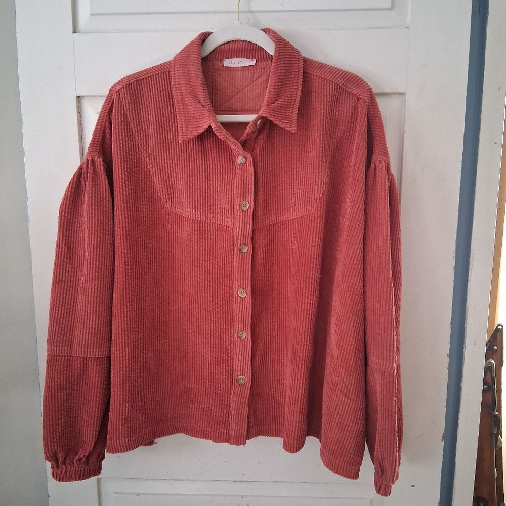 Ces Femme Oversized Corduroy Button-Down Shirt Shacket With Balloon Sleeves